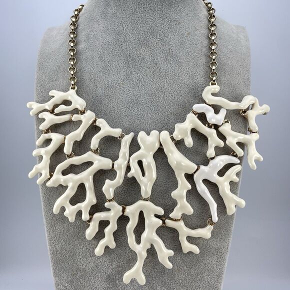 Rare Vintage Kenneth Jay Lane ENAMEL CORAL BRANCH NECKLACE Cream Gold Tone Bold - Picture 1 of 10